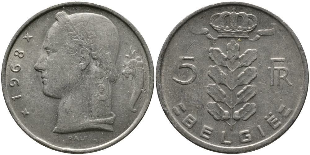 БЕЛЬГИЯ 5 ФРАНКОВ 1968 BELGIE KM 135.1 медно-никель 98-547