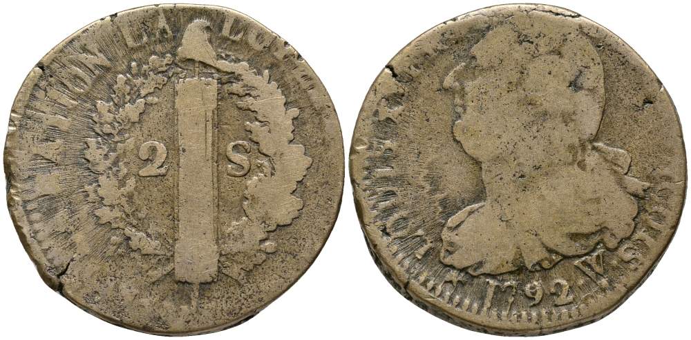 Франция  12 денье 1792 L, Людовик XVI KM 600.9 (С88.8) бронза    118-412