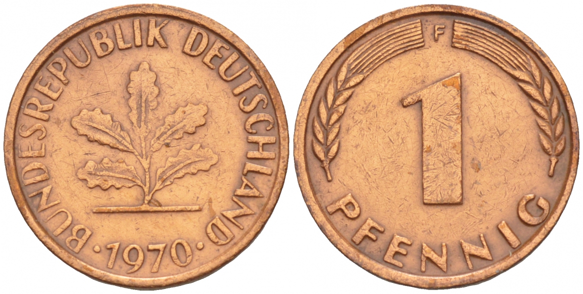 ФРГ 1 ПФЕННИГ 1970 F KM 105, J.380 сталь плакированная медью 4532-1268
