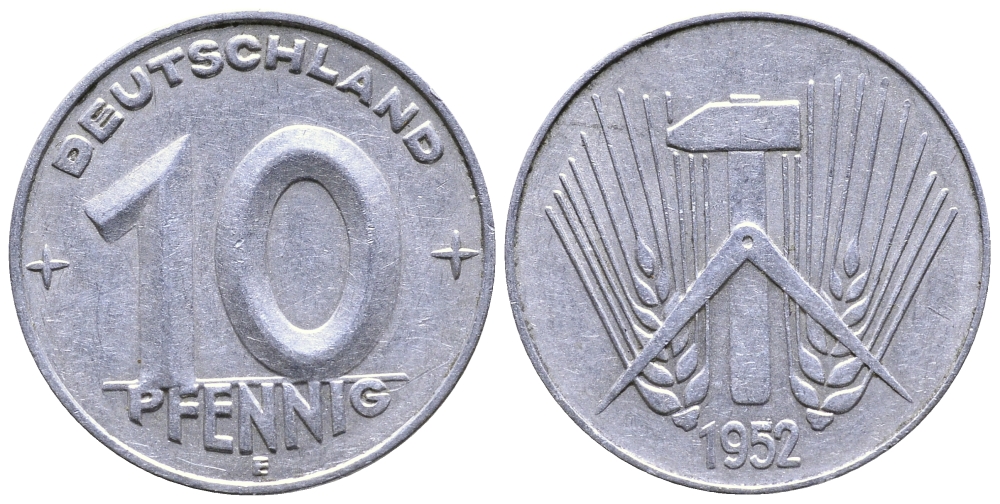 ГДР 10 пфеннигов 1952 E KM 7 алюминий 67-1014
