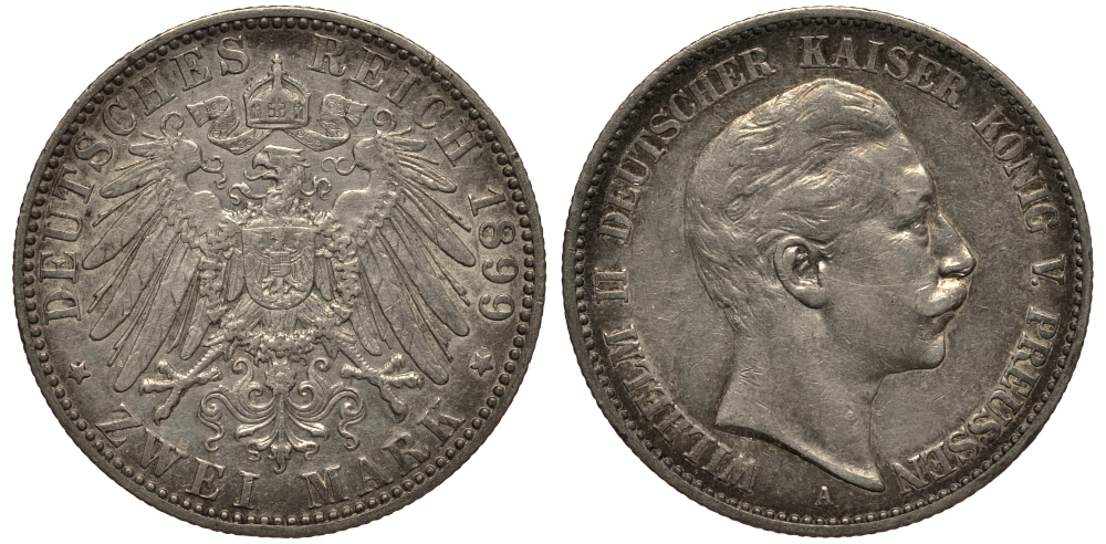 Пруссия 2 марки 1899 A, Вильгельм II (1888-1918) J.102, Weege 101, KM 522 серебро 3711-714