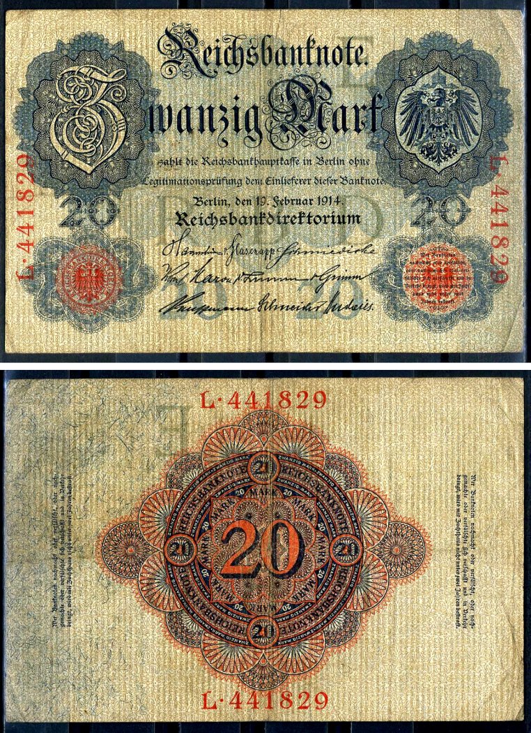 Германия 20 марок 1910 Pick 40 c бумага 7191-14-3-2
