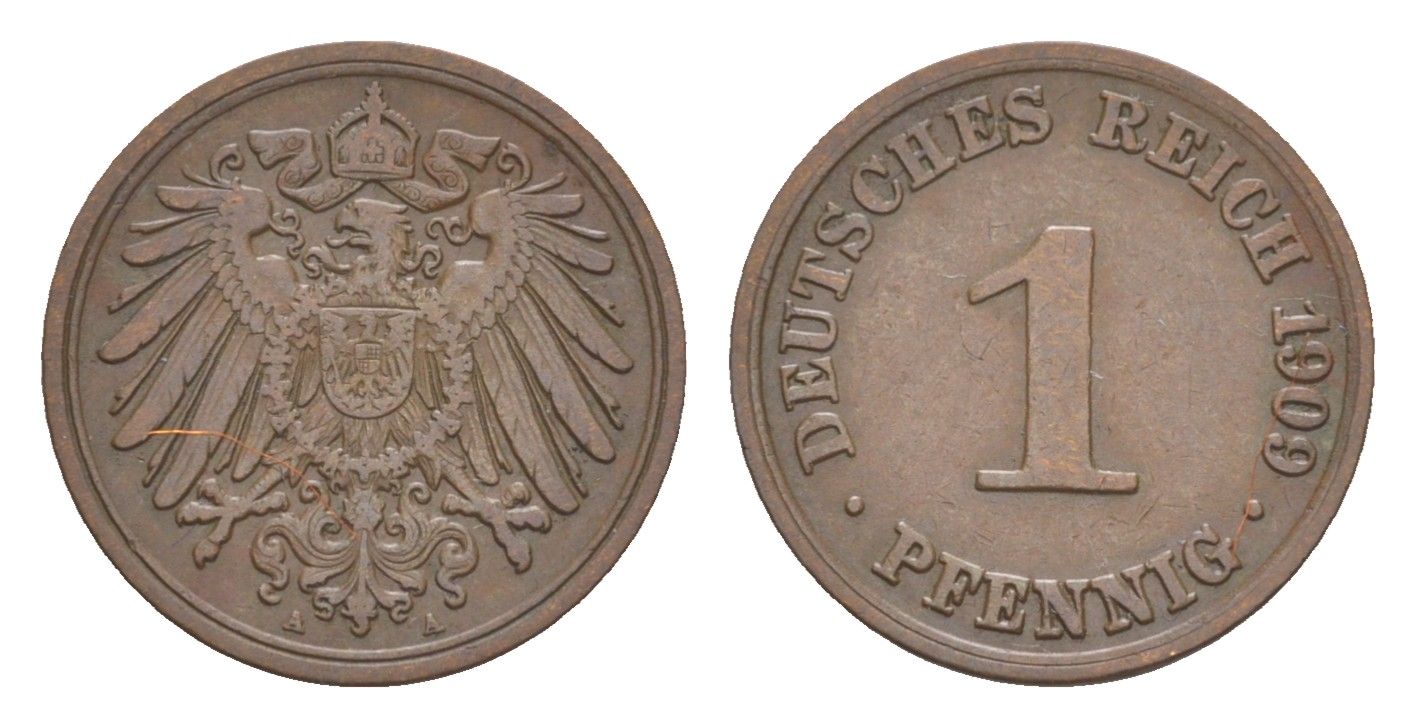 Германия 1 пфенниг 1909 A, Вильгельм II (1888-1918) KM 10, J. 10 медь 4647-841