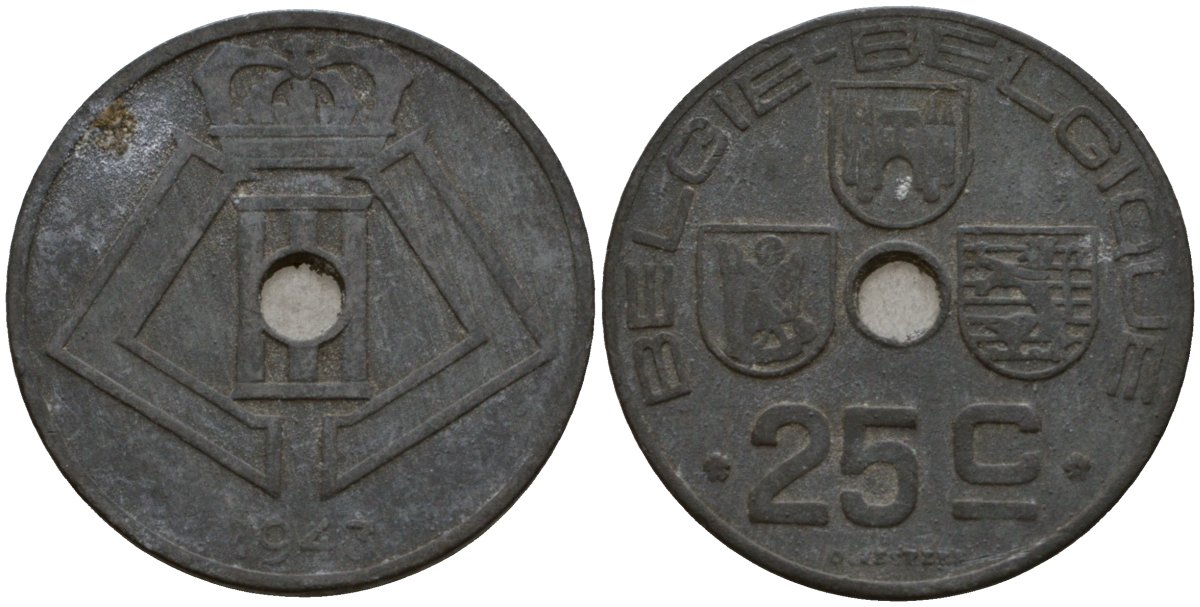 Бельгия 25 сантимов 1943 Belgie - Belgique KM 132 цинк 4599-235