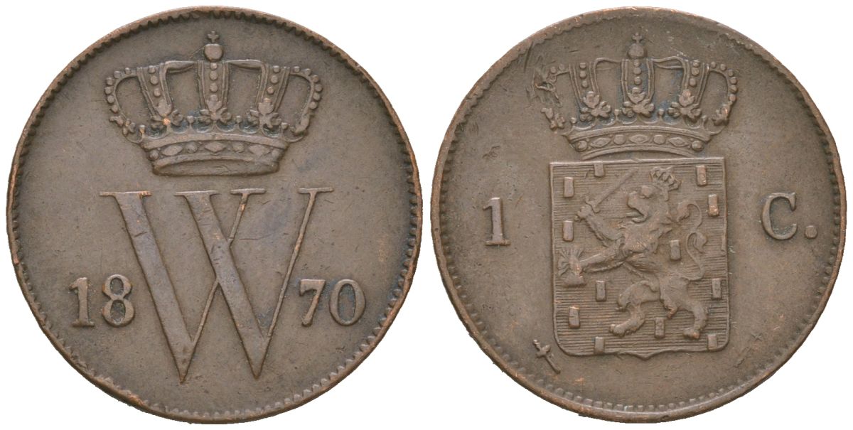 Нидерланды 1 цент 1870 Виллем III (1849-1890) KM 100 медь 4154-121