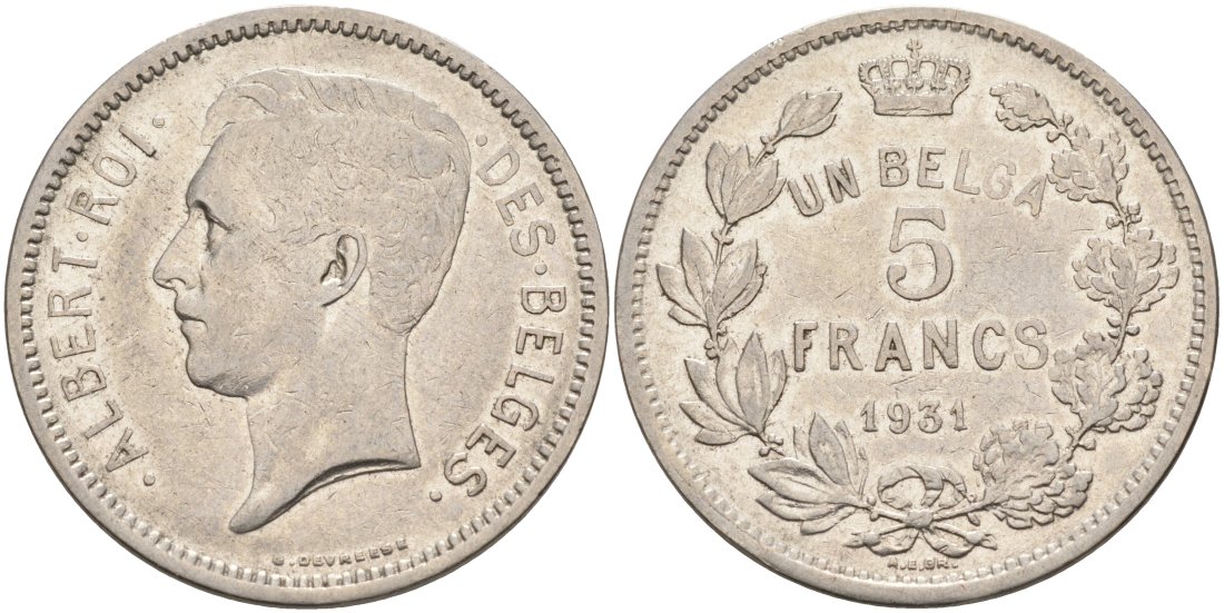 Бельгия 5 франков 1931 Belges, Альберт I KM 97 никель 51-4224