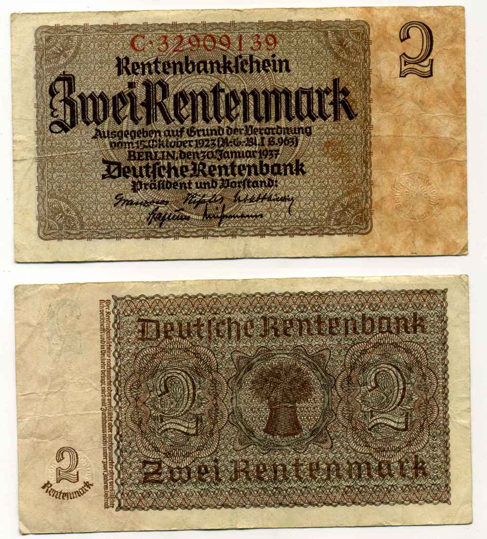 ГЕРМАНИЯ 2 РЕНТЕНМАРКИ 1937 30 ЯНВАРЯ 1937, ВЕЙМАРСКАЯ РЕСПУБЛИКА, ВОСЕМЬ ЦИФР В НОМЕРЕ СЕРИИ, СЕРИЯ C Pick 174b, Rosenberg 167b бумага 8564-47-4-2