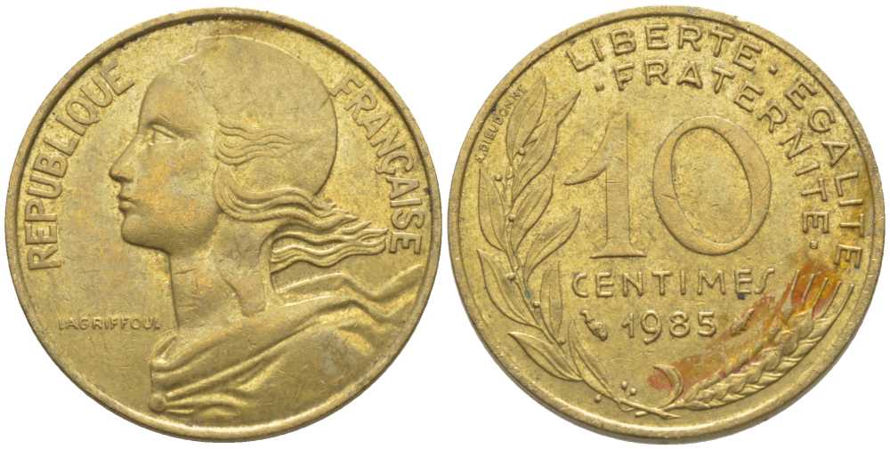 Франция 10 сантимов 1985 тип Марианна KM 929, LE FRANC 144.25 медь алюминий никель 116-264