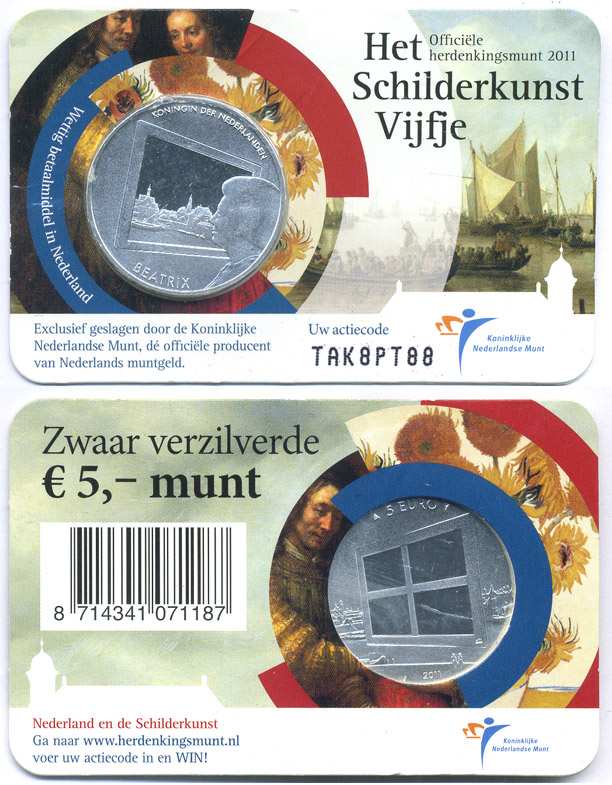 Нидерланды 5 евро 2011 живопись Нидерландов, в оригинальном буклете, тираж 250000 экз., диаметр 29 мм., вес 10,5 гр. KM 304a медь серебрение UNC 00-00