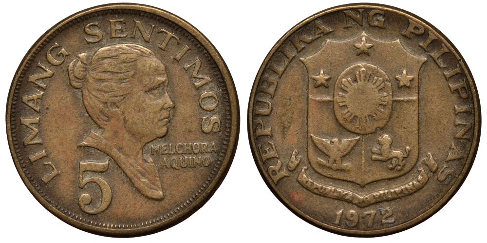 ФИЛИППИНЫ 5 СЕНТИМО 1972 МЕЛЬХОРА АКУИНО KM 197 латунь VG 4181-348