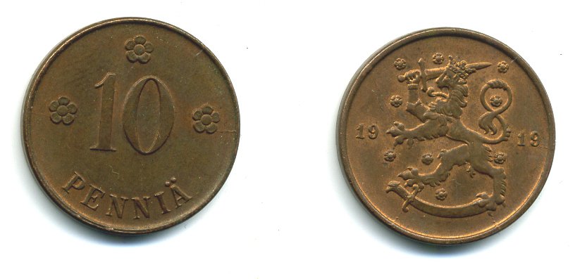 Финляндия 10 пенни 1919 KM 24 медь 37-345