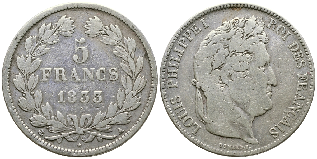 Франция 5 франков 1833 А, Луи Филипп I (1830-1848) KM 749.1 серебро 79-914