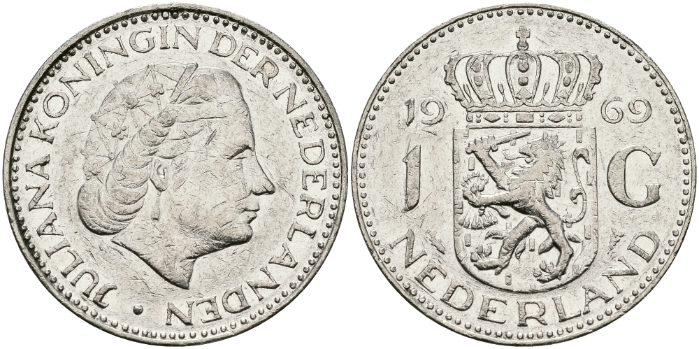 Нидерланды 1 гульден 1969 Юлиана (1948-1980) KM 184а никель 94-623