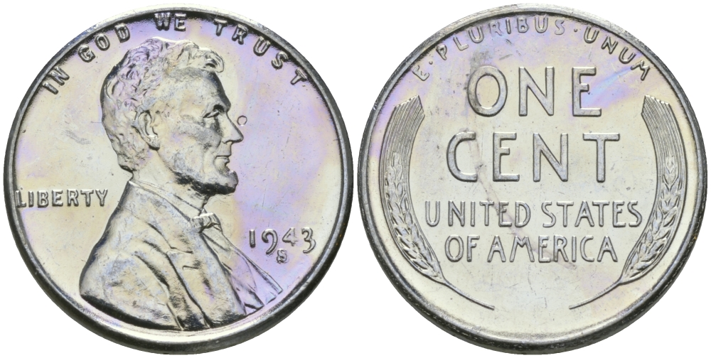 США 1 цент 1943 S (Сан-Франциско), Авраам Линкольн KM 132 a сталь плакированная цинком 96-1163