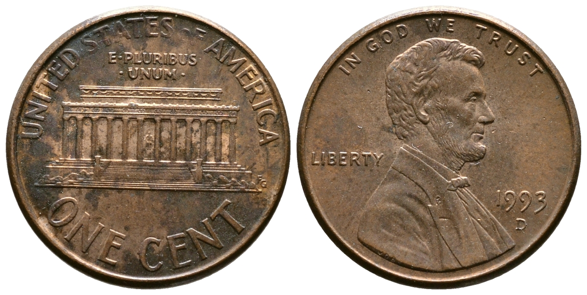 США 1 цент 1993 D, Авраам Линкольн KM 201b цинк плакированный медью 72-351
