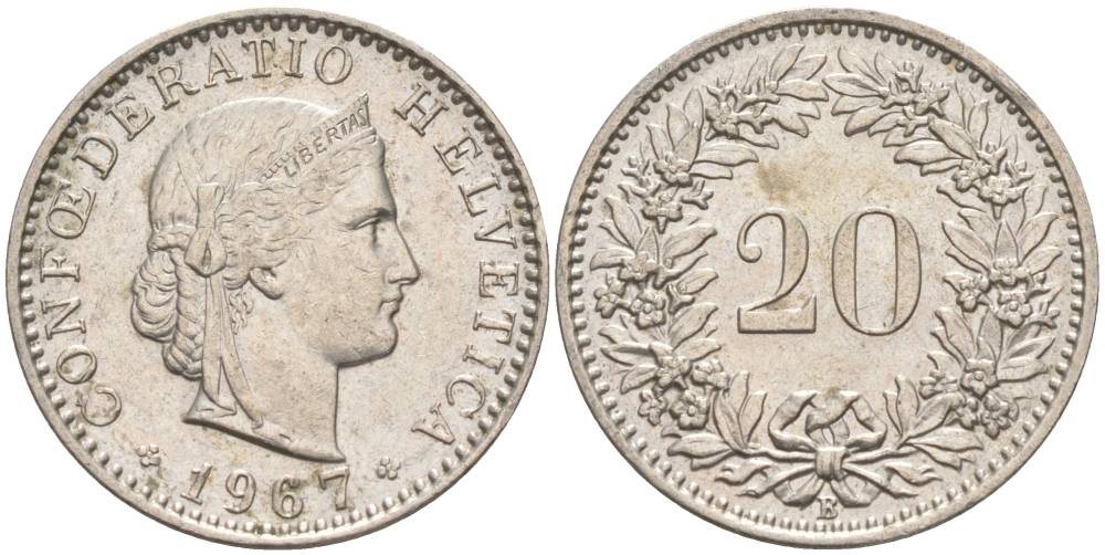 ШВЕЙЦАРИЯ 20 РАППЕНОВ 1967 В KM 29a медно-никель 55-847
