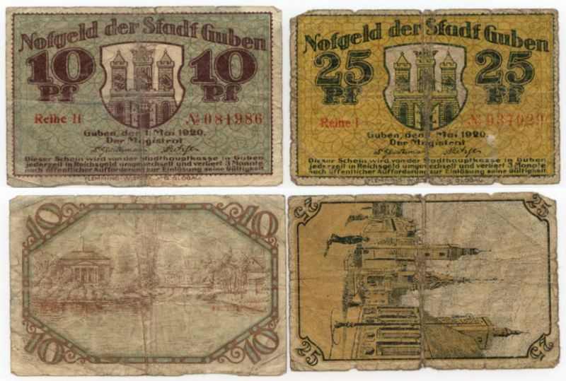 ГЮБЕН 10 И 25 ПФЕННИГОВ 1920 ВИДЫ ГОРОДА бумага UNC (пресс) 70-2011