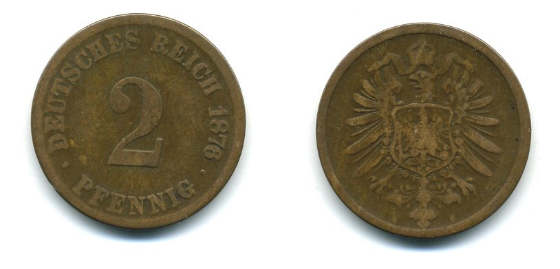 ГЕРМАНИЯ 2 ПФЕННИГА 1876 СТАРОГЕРБОВКА KM 2, J.2 медь 54-335