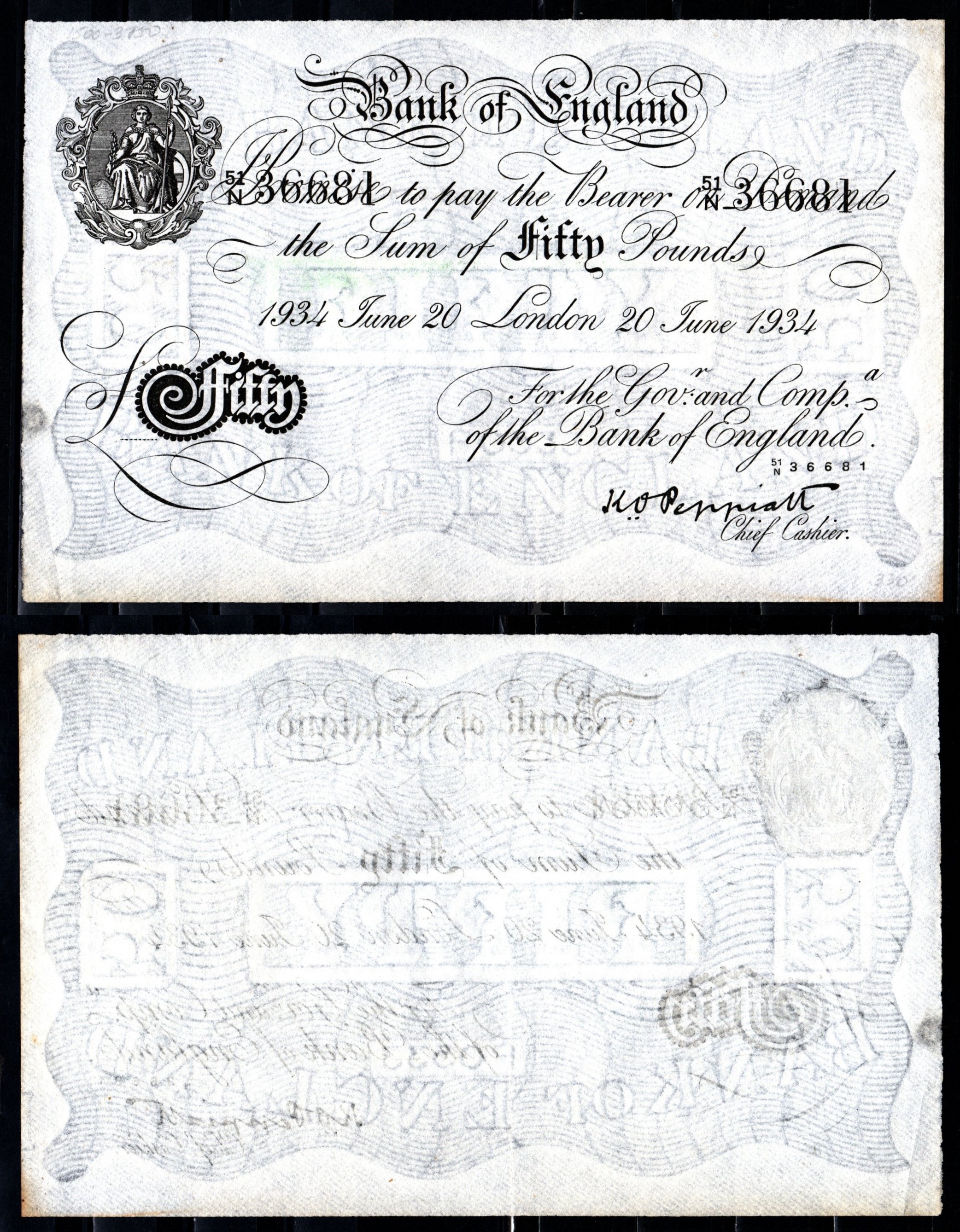 Англия 50 фунтов 1934 Лондон, 20 июня, Операция "Бернхард", фальшивка в ущерб денежному обращению Pick 331  бумага   451-1258-2