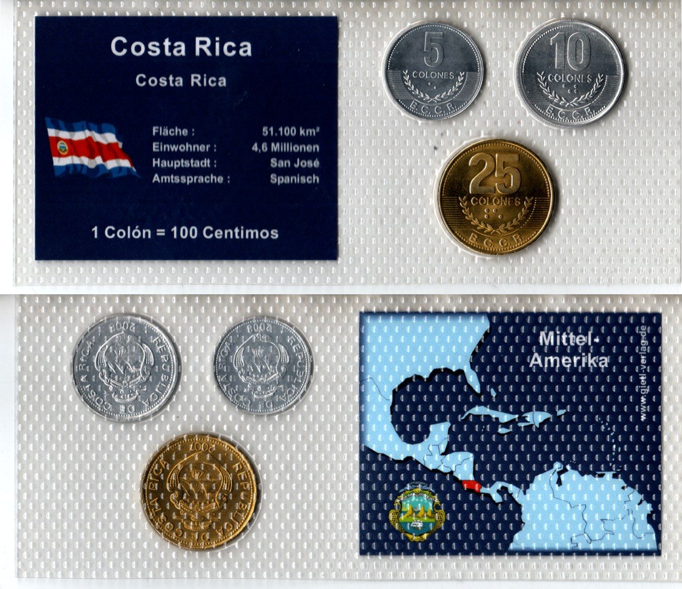 Коста-Рика набор из 3 монет (5, 10 и 25 колон) 2007 и 2008 в красочной упаковке с информацией о стране KM 227b, 228b и 229c UNC 2-6-3-129