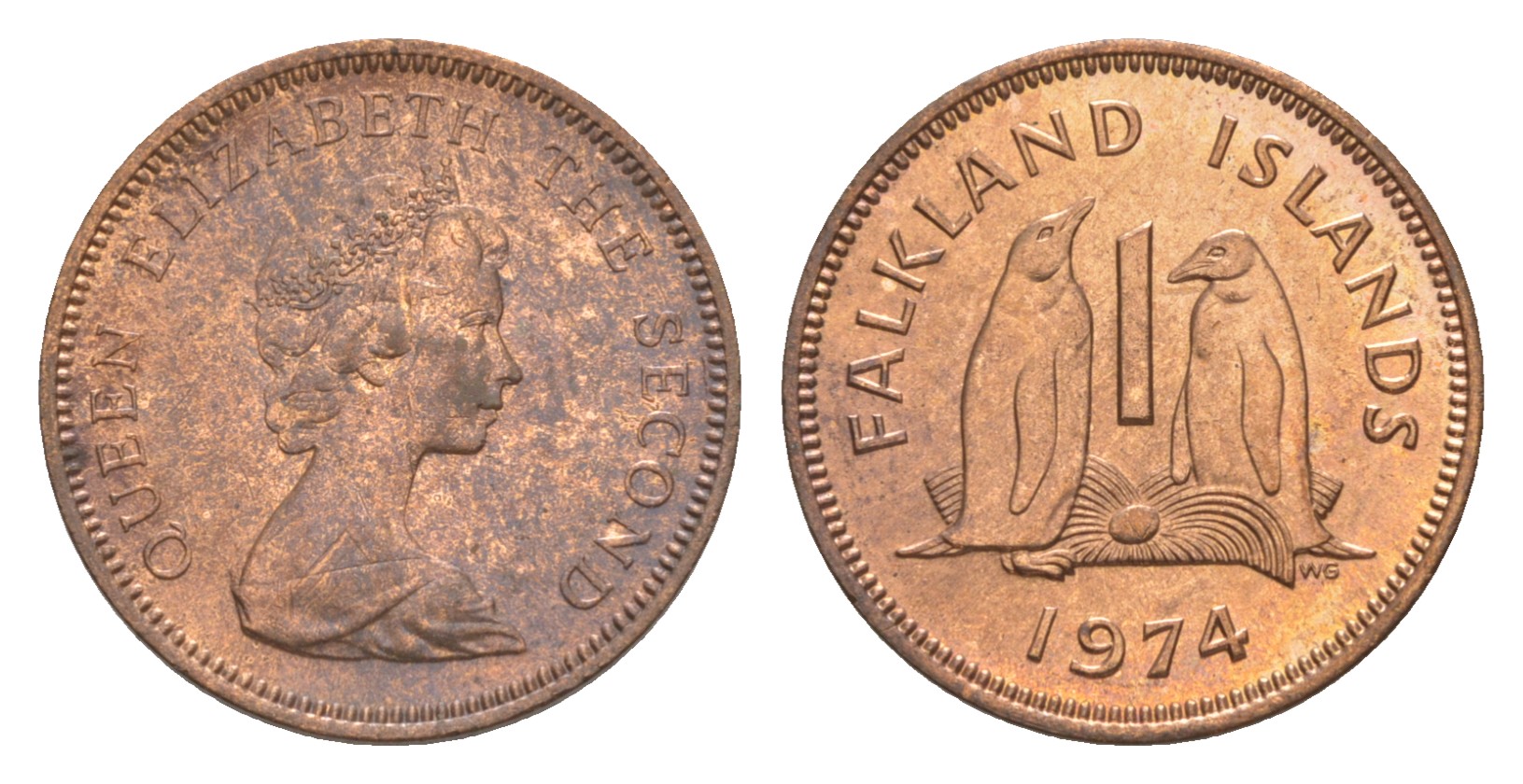 Фолклендские острова 1 пенс 1974 Елизавета II (1952-2022), папуанский пингвин KM 2 бронза  aUNC  4640-854