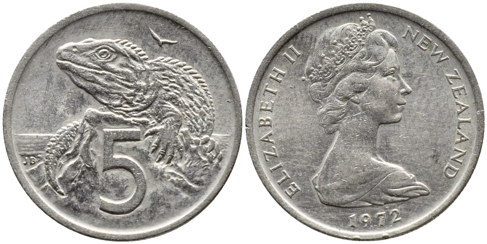 Новая Зеландия 5 центов 1972 Елизавета II (1952-2022), ящерица гаттерия KM 34.1 медно-никель 4392-145
