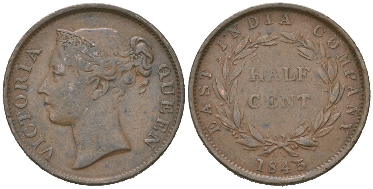 Стрейтс Сетлментс 1/2 цента 1845 Британская Малайя, Виктория (1837-1901) KM 2 медь 4615-238