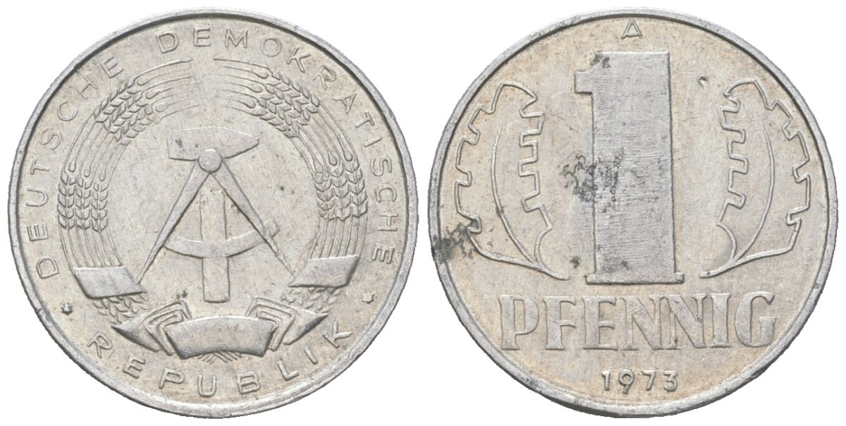 ГДР 1 пфенниг 1973 A, редкий год KM 8.1 алюминий 201-319