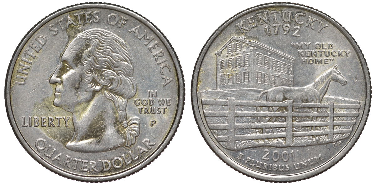 США 25 центов = квотер 2001 Р, серия штаты США, Кентукки KM 322 медь плакированная медно-никелем 4539-232