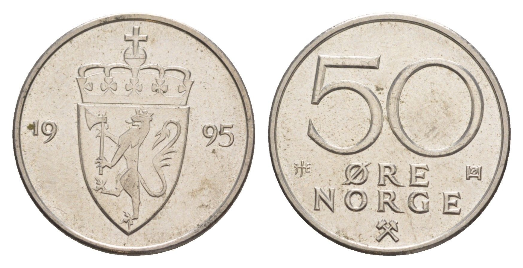 Норвегия 50 эре 1995 Харальд V (1991-), редкий год KM 418 медно-никель UNC 4635-522
