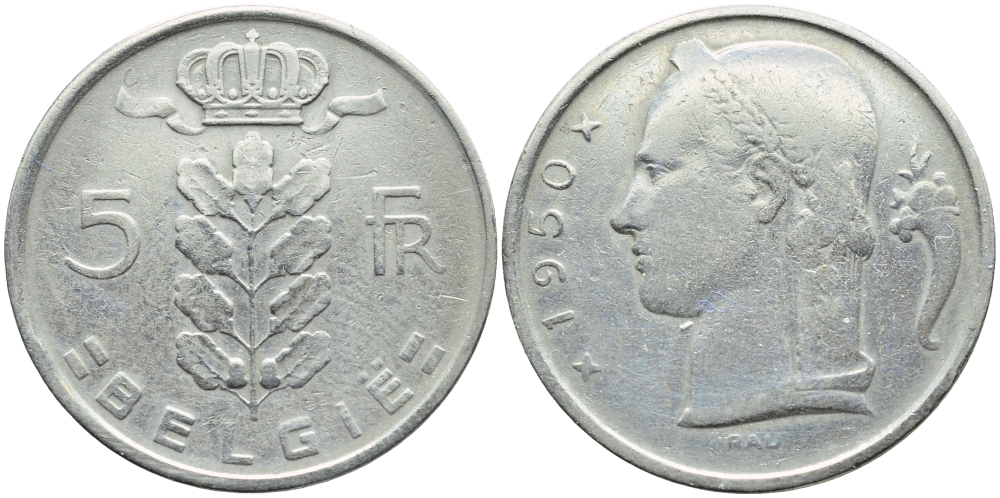 БЕЛЬГИЯ 5 ФРАНКОВ 1950 BELGIE KM 135.1 медно-никель 3999-744