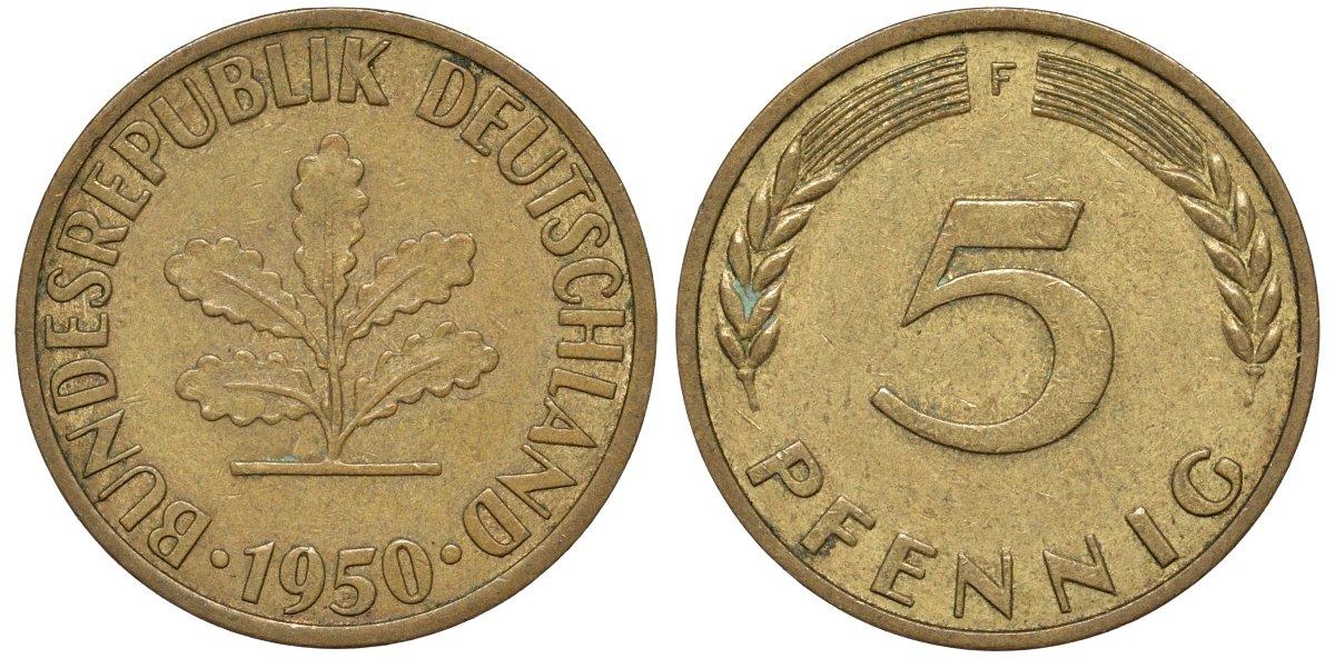 ФРГ 5 пфеннигов 1950 F KM 107, J.382 сталь плакированная латунью 4174-519