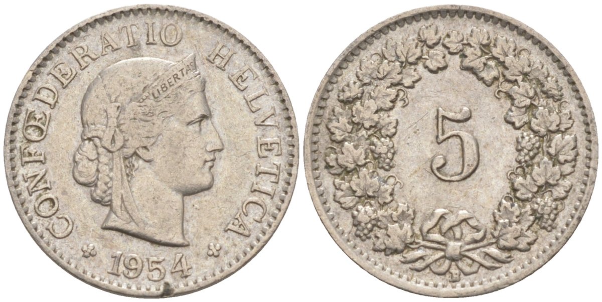 Швейцария 5 раппенов 1954 В KM 26 медно-никель 187-349