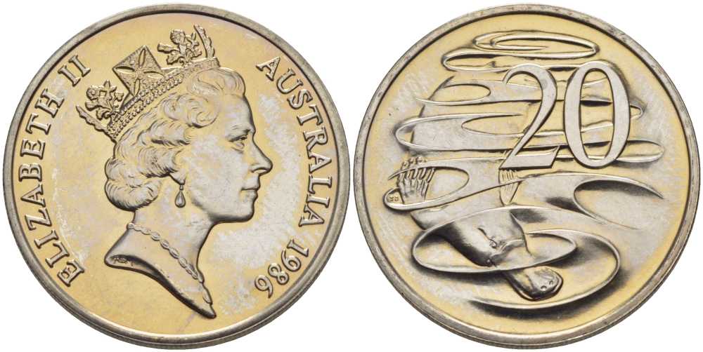 АВСТРАЛИЯ 20 ЦЕНТОВ 1986 ЕЛИЗАВЕТА II, ВТОРОЙ ПОРТРЕТ В КОРОНЕ, УТКОНОС KM 82 медно-никель UNC 38-725
