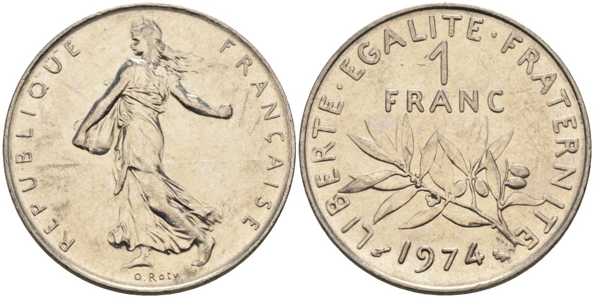 Франция 1 франк 1974 сеятель, тип Semeuse KM 925.1, Le Franc 226.19 никель 4116-1233