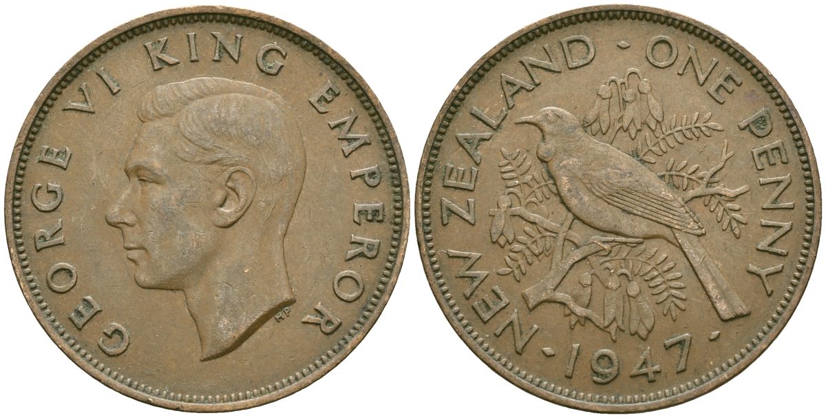 Новая Зеландия 1 пенни 1947 Птица Туи, Король Георг VI (1937 - 1952) KM 13 бронза 81-914
