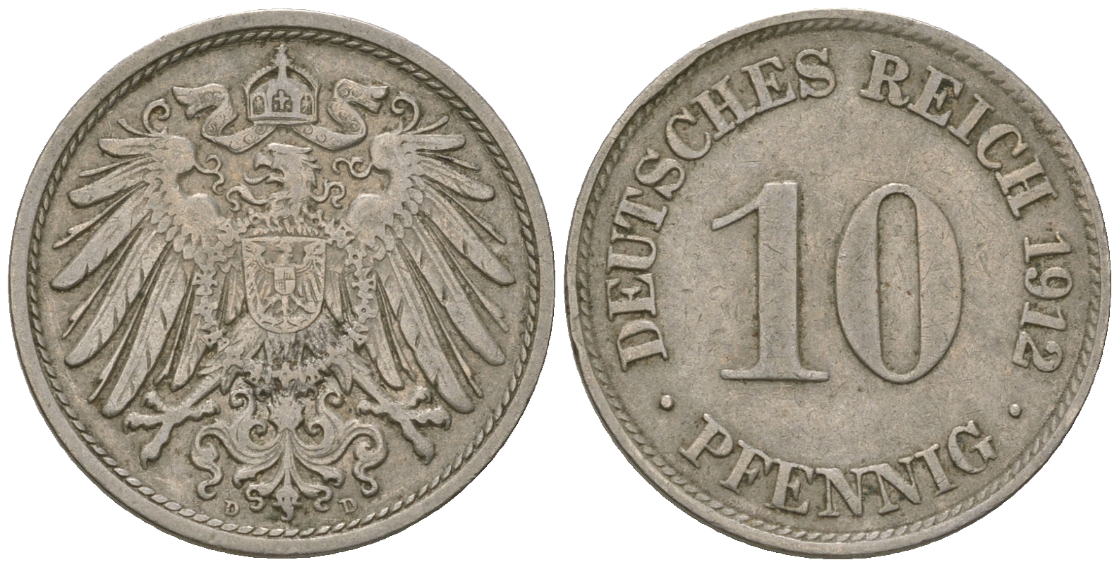 Германия 10 пфеннигов 1912 D KM 12, J. 13 медно-никель 4589-435