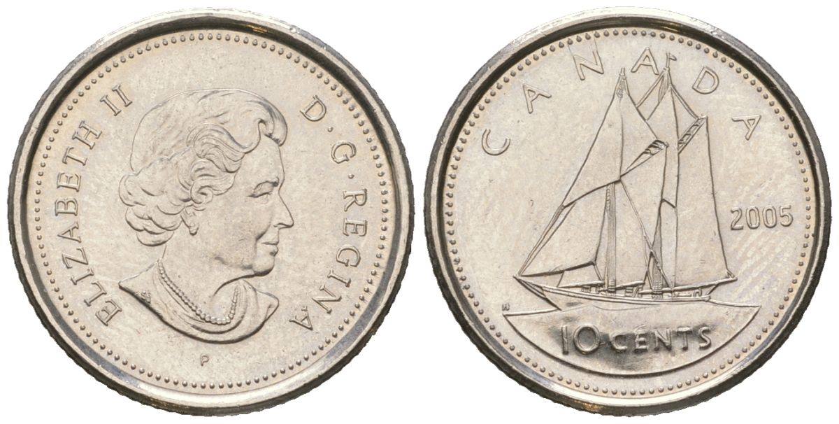 Канада 10 центов 2005 P, Елизавета II (1952-2022), парусник KM 492 сталь плакированный никелем UNC 4381-966