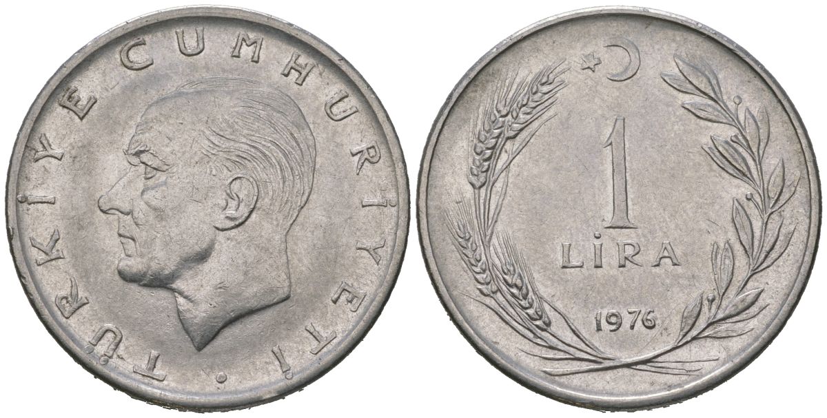 Турция 1 лира 1976 Мустафа Кемаль Ататюрк KM 889a.2 нержавеющая сталь 4620-555