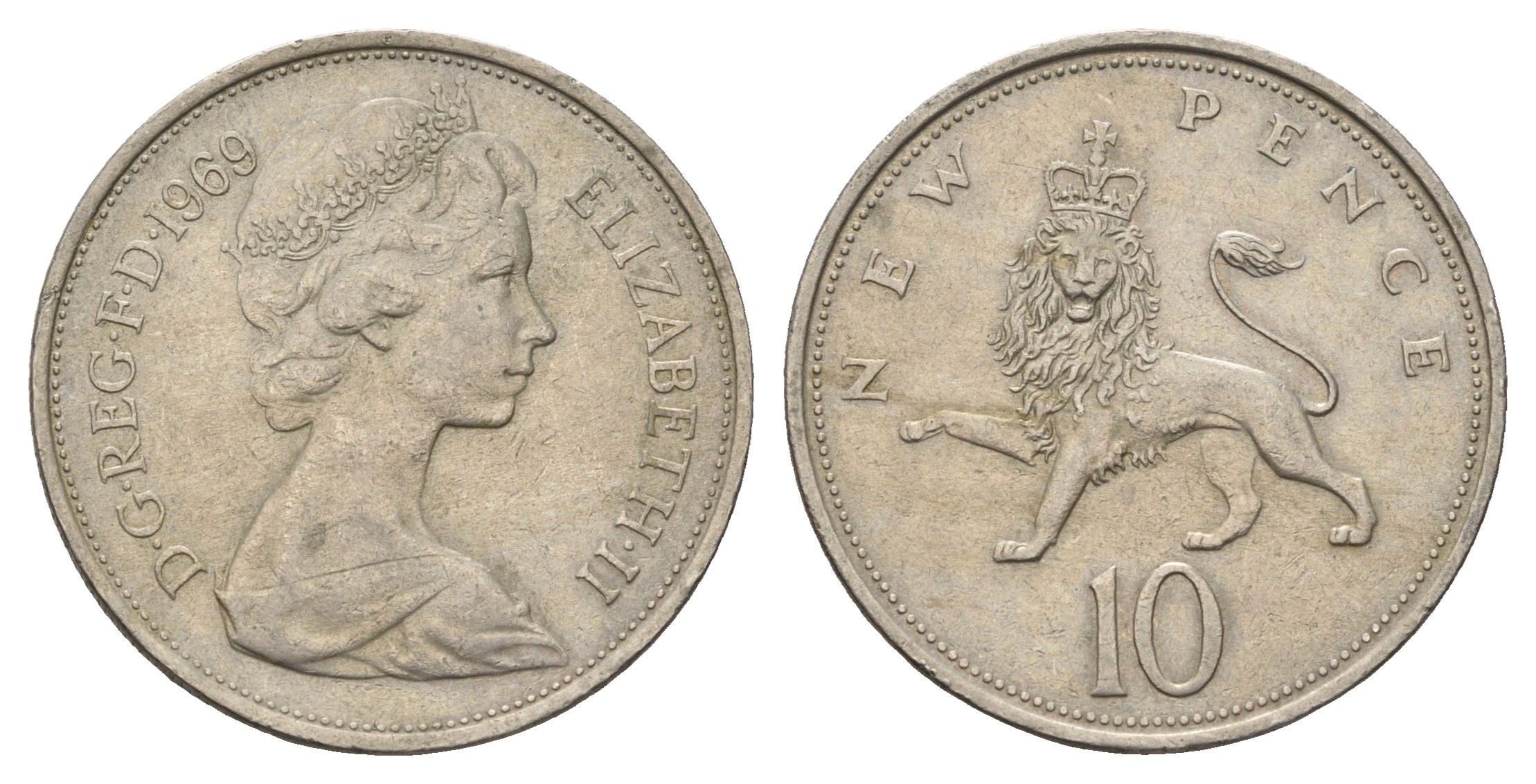 Великобритания 10 пенсов 1969 Елизавета II (1952-2022) KM 912, Spink 4231 (F1) медно-никель 4389-221