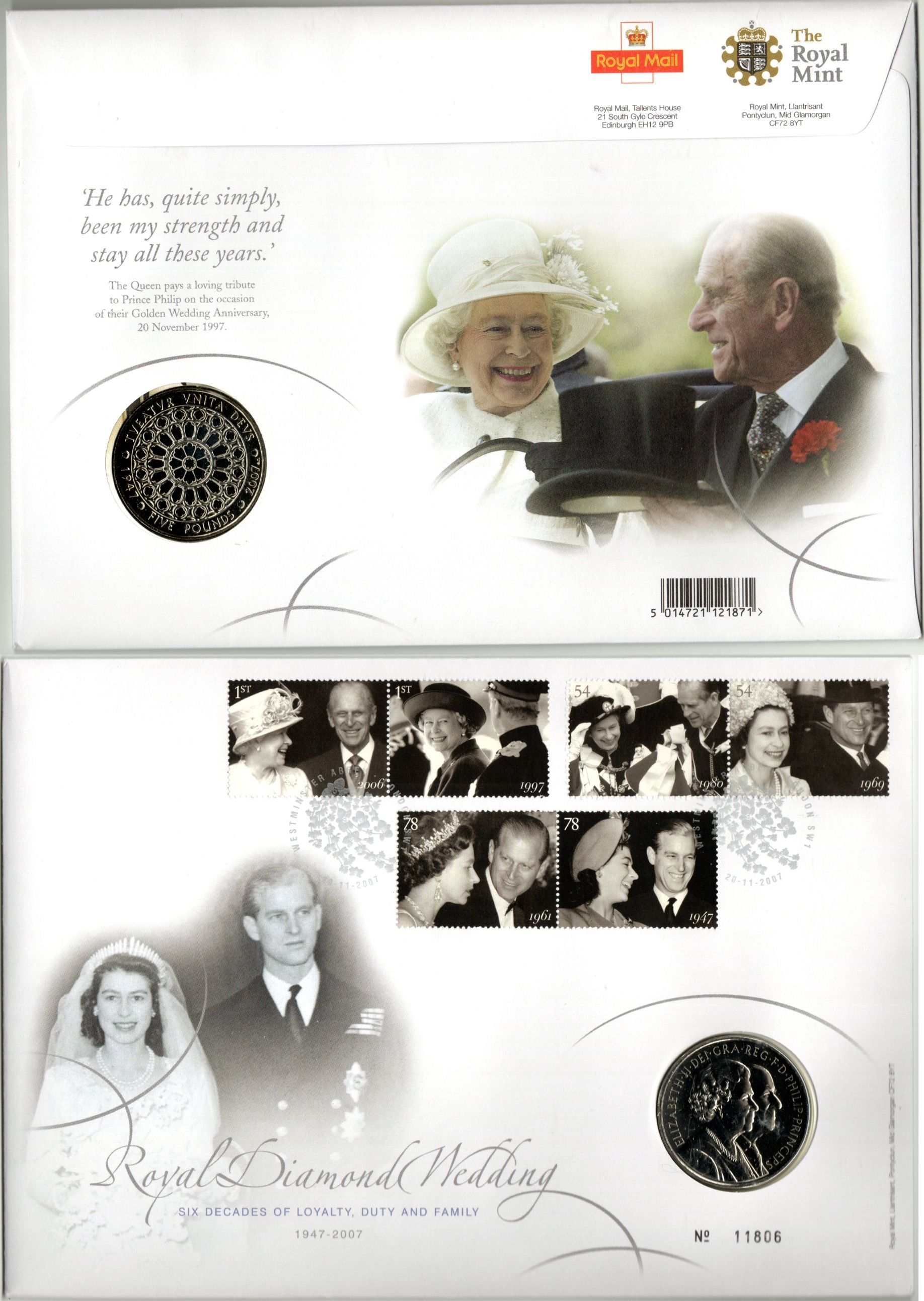 Великобритания 5 фунтов 2007 Бриллиантовая свадьба, в оригинальном конверте, с марками, первый день гашения KM 1077, Spink L17 медно-никель BU 8-2-06-52