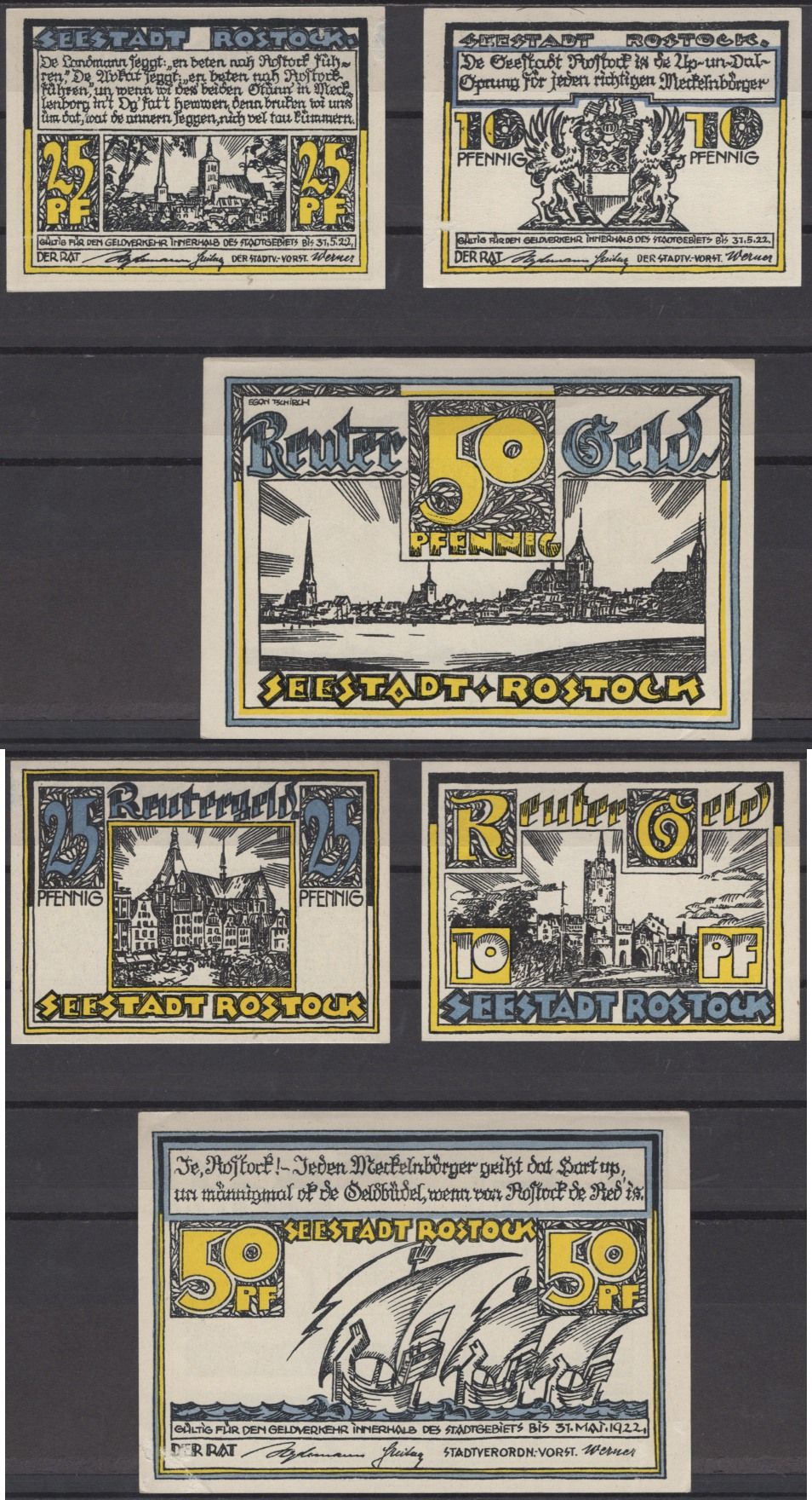 Росток полный набор из 3 нотгельдов (10, 25 и 50 пфеннигов) 1922 Grabowski 1138.1 бумага UNC (пресс) 7556-10-2-1