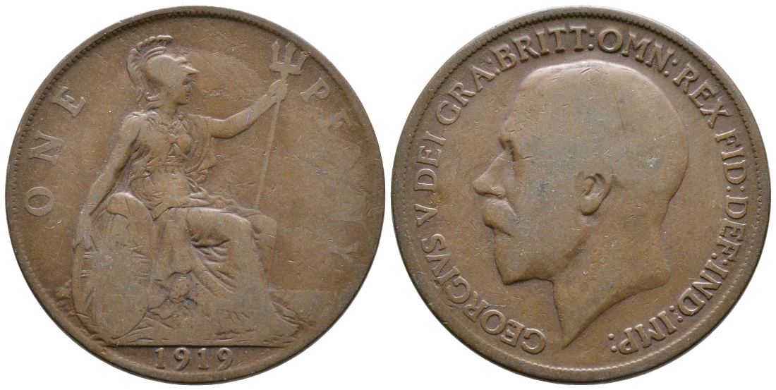 Великобритания 1 пенни 1919 Георг V (1910-1936) KM 810, Spink 4051 бронза 4364-4232