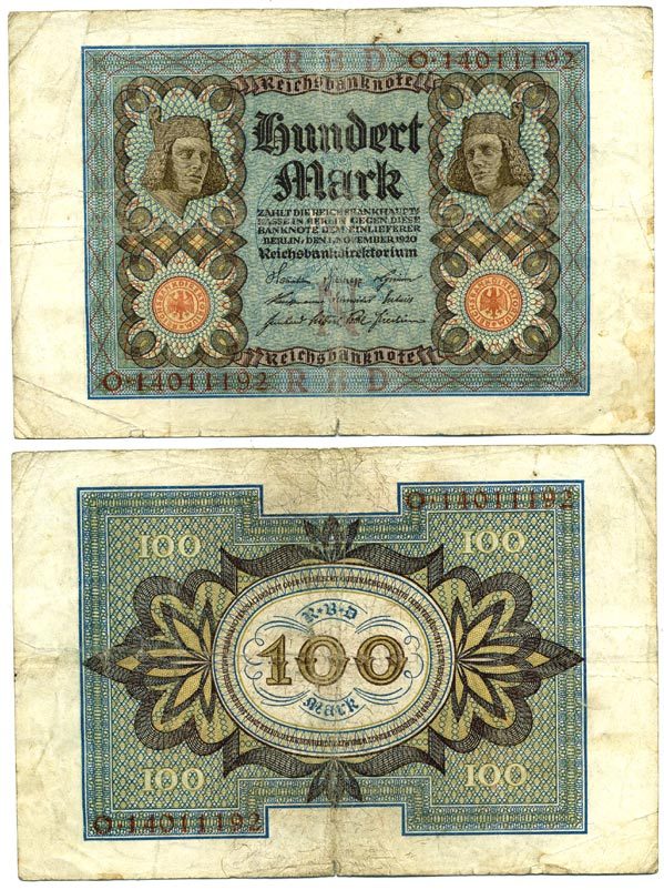 Германия 100 марок 1920 Бамбергский всадник, 8 цифр в номере Pick 69 b, Розенберг 69b бумага 3295-118-2-1