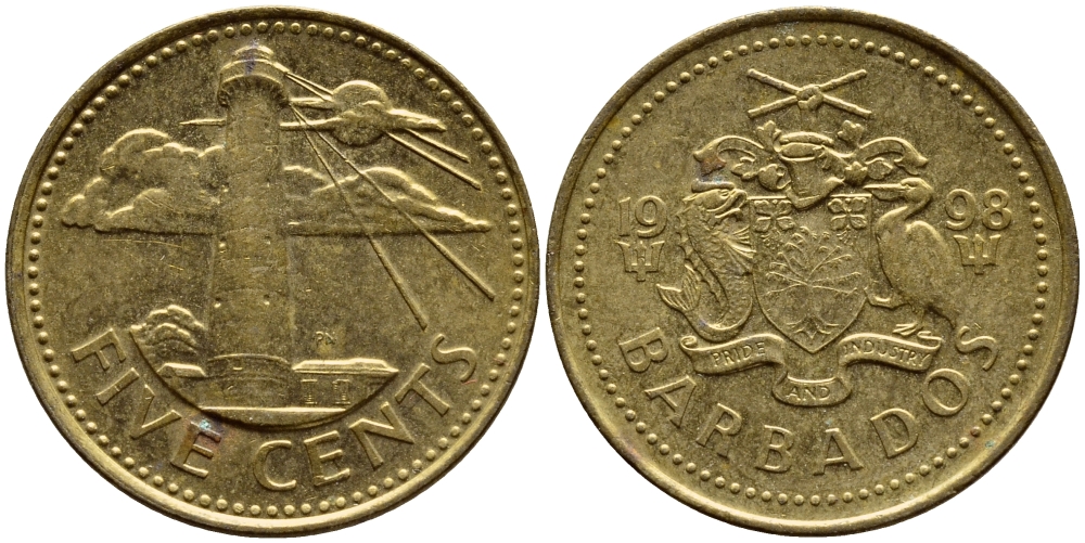 Барбадос 5 центов 1998 маяк Саут-Пойнт KM 11 латунь 4398-555