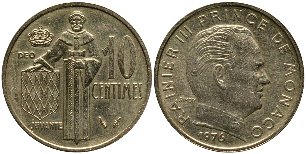 Монако 10 сантимов 1976 Ренье III (1949-2005) KM 142 алюминиевая бронза 4387-363