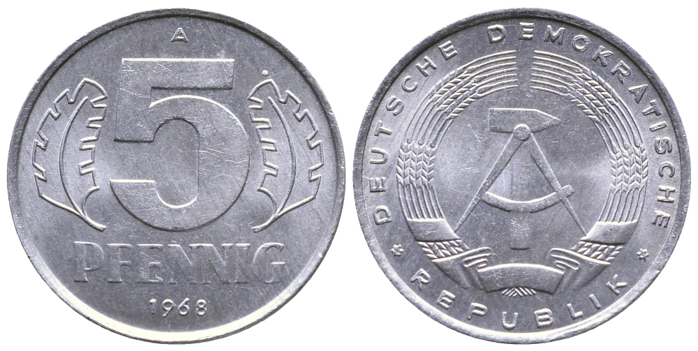 ГДР 5 ПФЕННИГОВ 1968 А KM 9.1 алюминий 26-849