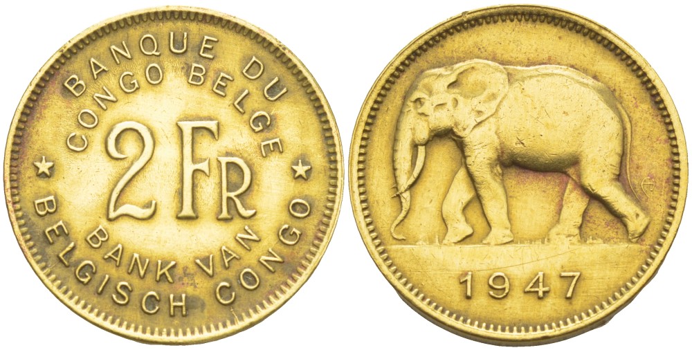 Бельгийское Конго 2 франка 1947 слон KM 28 латунь 4541-1035