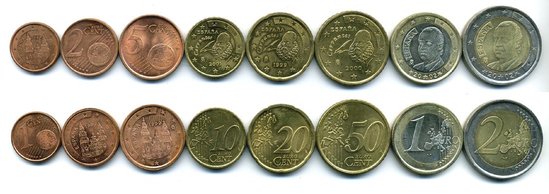 Испания евронабор из 8 монет 1999-2002 1, 2, 5, 10, 20, 50 евроцентов, 1 и 2 евро KM 1040, 1041, 1042, 1043, 1044, 1045, 1046, 1047 M79-08