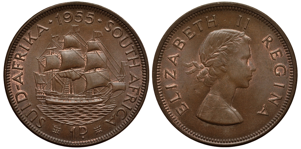 ЮАР 1 ПЕННИ 1955 ЕЛИЗАВЕТА II (1953-), ПАРУСНИК KM 46 бронза UNC 4384-1031